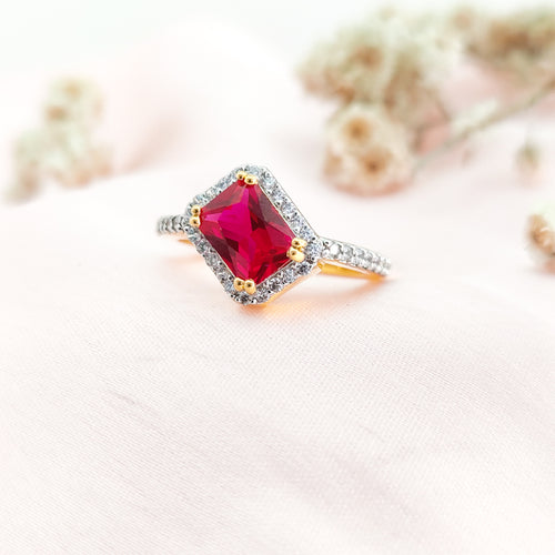 Cherry Twilight – Red Ruby Halo Engagement Ring in Sterling Silver