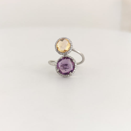 Eclipsed Hearts – Citrine & Amethyst Two-Stone Flame Ring