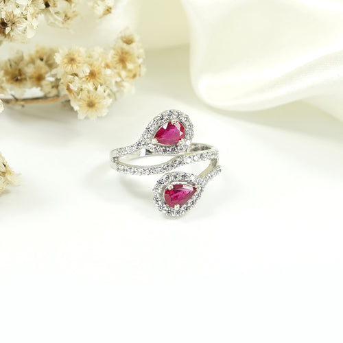  Natural Ruby Pear Halo Engagement Ring