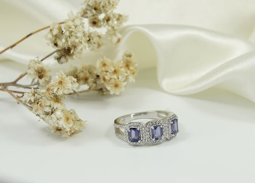 3 Stone Octagon Halo Ring, Blue Stone Engagement Ring for Women, Iolite Stone Split Shank Ring, AAA + Quality Certified and Hallmarked