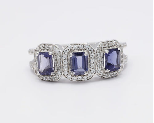 3 Stone Octagon Halo Ring, Blue Stone Engagement Ring for Women, Iolite Stone Split Shank Ring, AAA + Quality Certified and Hallmarked