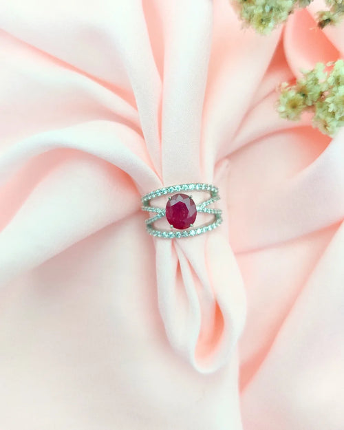 Velvet Vow – Red Flame Ring with Halo of Love